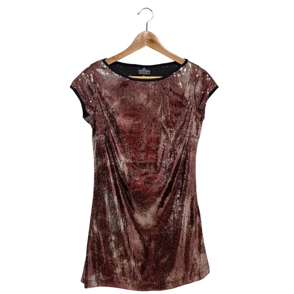 Angie Sequin Dress Sz S Pink Rose Gold Black Cap Sleeve Party Club Glam